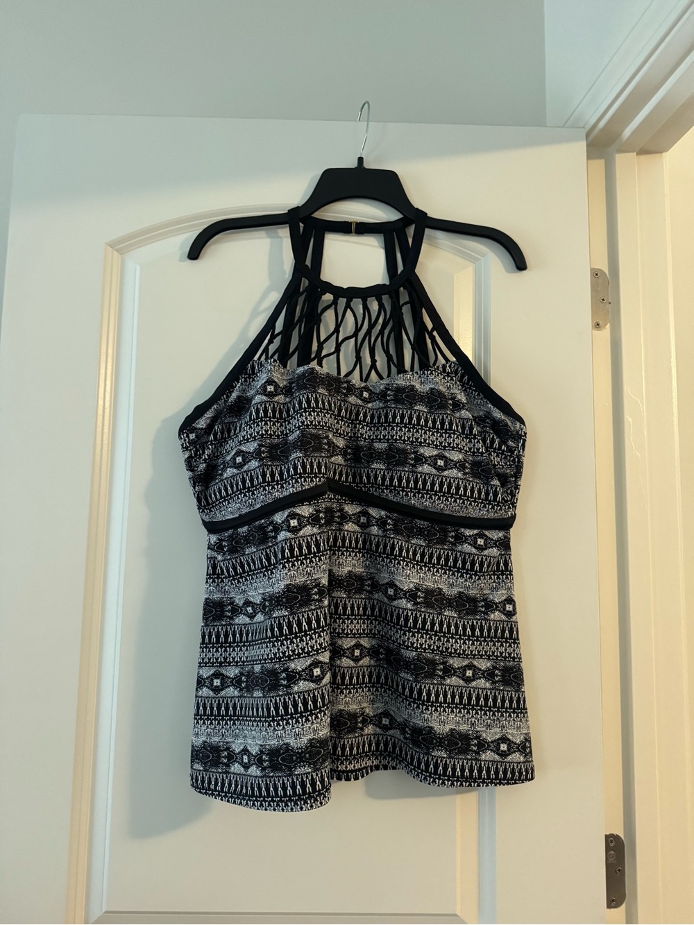 Boutique 9 Black and White Patterned Swim Tank with Lattice Neck